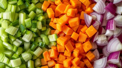 Close-up of chopped onions, carrots, and celery with vibrant colors, isolated background, studio lighting
