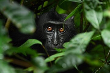 Obraz premium Black monkey peeking from behind leaves. Wildlife photography.