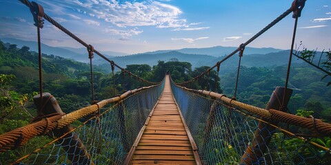 A pedestrian suspension bridge in the mountains, which opens up amazing aesthetic landscapes of nature. Generative AI