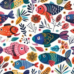 Fototapeta premium Seamless pattern with fish. Lovely, pretty pattern of fish and flowers, leaves. for fabric, silk, printing.