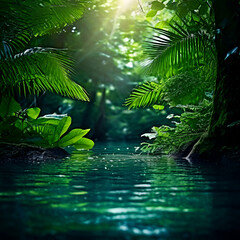 tropical forest natural background nature scene in green tone style and freedom sunset water generate ai,