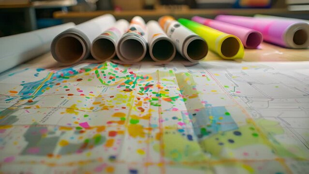 Brightly colored construction markings stand out ast the intricate blueprints that have been carefully unrolled across a table.