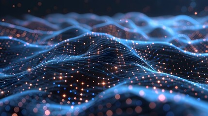 Fototapeta premium Futuristic Digital Landscape with Flowing Polygonal Particles and Interconnected Network