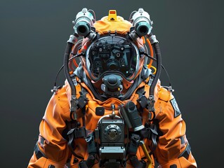 Obraz premium Biohazard chemical suit, high efficiency, integrated sensors, front view perspective, focusing on maximum protection, robotic tone, Splitcomplementary color scheme