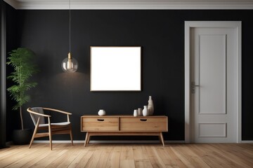 Fototapeta premium Interior home of living room with blank frame poster mock up on wooden cabinet on black wall copy space, hardwood floor