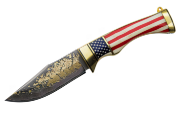 A knife with a red, white and blue American flag on the handle