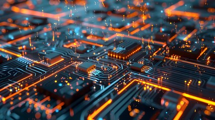 Obraz premium Futuristic Glowing Electronic Circuit Board Illuminated Digital Technology Backdrop