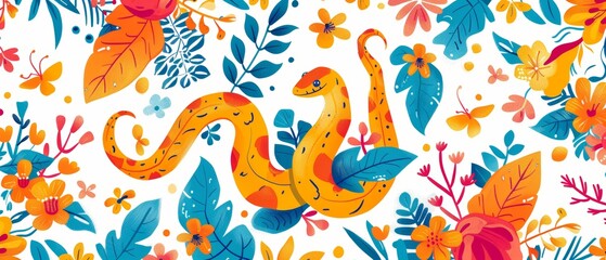 Seamless pattern with snake. Lovely, pretty pattern of snake and flowers, leaves. For fabric, silk, printing.
