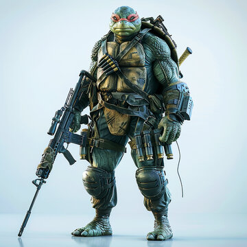 Fighter Turtle with gun cartoon. 3D Army Turtle Soldier cartoon with weapons