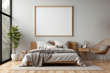 Interior home of bedroom with blank frame poster mock up and wooden bed on white wall copy space