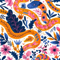 Obraz premium Seamless pattern with snake. Lovely, pretty pattern of snake and flowers, leaves. For fabric, silk, printing.