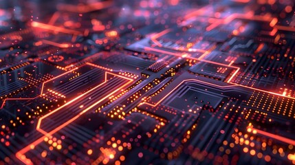 Fototapeta premium Glowing Futuristic Circuit Board Background with Bright Neon Lights and Digital Pulse Patterns