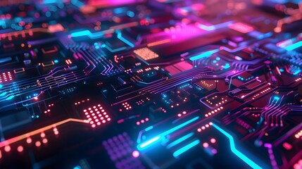 Glowing Futuristic Electronic Circuit Board in Vibrant Neon Colors