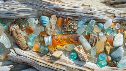 A bottle of paint sits amongst sea glass and driftwood, creating a unique art sculpture combining wood, glass, and water elements AIG50