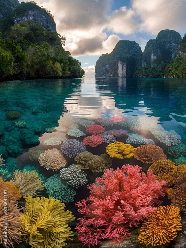 Sticker AI-generated illustration of Abundant flowers floating in water with rocks in the backdrop