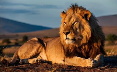 AI-generated illustration of a Majestic lion lying down, gazing right
