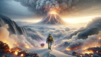 A responder navigating a volcanic eruption area with ash and lava, dangers and dedication.