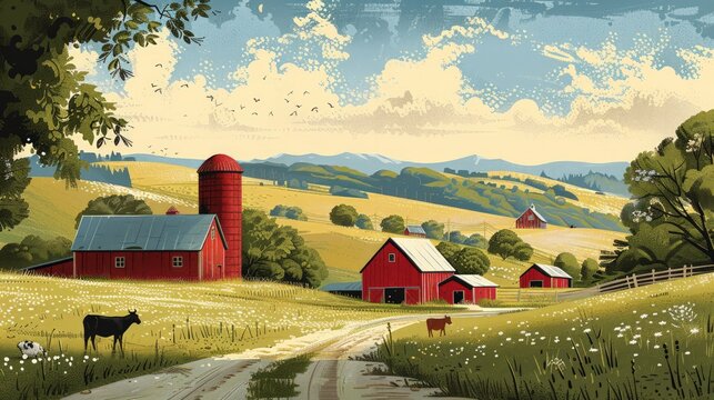 Rustic Farmhouse Scene: Illustrate a rustic farmhouse scene with barns, rolling fields, and farm animals,