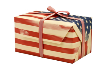 A box with a red, white, and blue striped wrapping paper and a red bow
