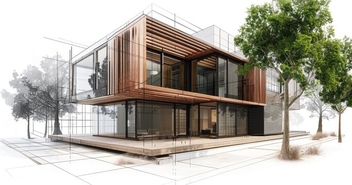 Sketch design and drafting of wireframe of building a modern house becoming real. 3d illustration, Digital project visualization.