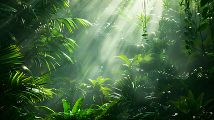 Lush tropical rainforest with sunlight streaming through the dense canopy, highlighting the vibrant green foliage and creating a misty atmosphere
