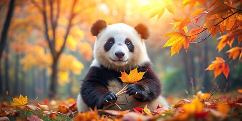 Adorable panda playing with fall leaves in a cozy autumn setting, panda, animal, cute, autumn,...