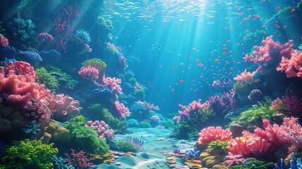 Naklejka premium Underwater World: Depict an enchanting underwater world with colorful coral reefs, exotic marine life, and clear blue waters, perfect for aquatic-themed projects and conservation campaigns.