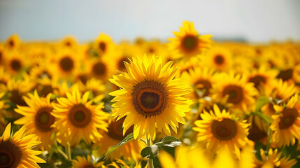 Fototapeta premium Expansive sunflower field in full bloom, with bright yellow flowers stretching as far as the eye can see under a clear sky