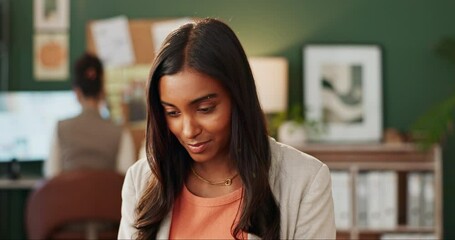 Woman, desk and laptop in office for work, typing and email for online conversation. Technology, project and internet for research journalism, copywriting and editor for new and articles for website