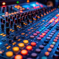 Obraz premium Close-up view of audio console with colorful buttons and displays, blurred background, mixing panel focus, creating a sense of professional atmosphere in music production style.