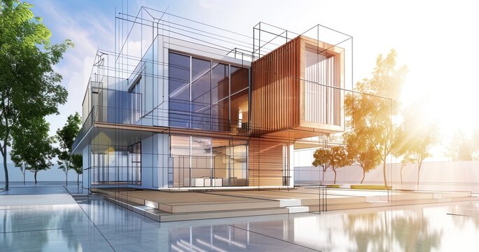 Sketch design and drafting of wireframe of building a modern house becoming real. 3d illustration, Digital project visualization.