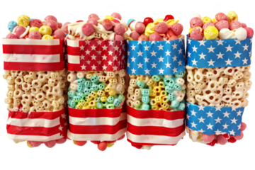 A row of four boxes of cereal with a red, white, and blue striped wrapper