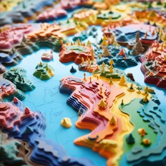 Obraz premium Close-up of a colorful 3D map made from handcrafted plasticine, showing vibrant continents decorated with tiny trees and mountains