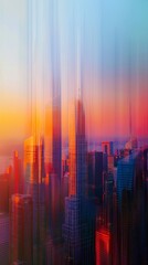 Fototapeta premium Soft-focused city skyline in blue and pink hues at dusk, capturing an abstract beauty. Abstract depiction of a city skyline. 