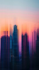 Fototapeta premium Soft-focused city skyline in blue and pink hues at dusk, capturing an abstract beauty. Abstract depiction of a city skyline. 