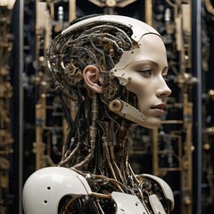 Fototapeta premium Masked Figures: A blend of humans and mannequins don futuristic masks, depicting a blend of technology and humanity in a dark, cyber-futuristic setting