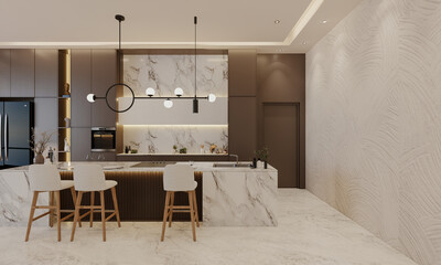 Minimal kitchen with beige color and island table, 3d illustration render