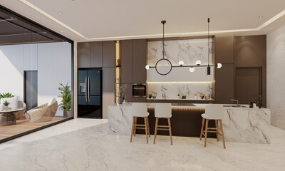 Minimal kitchen with beige color and island table, 3d illustration render