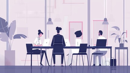 An illustration in 2D flat style showing a character engaging in a business meeting with team members. The minimalist design highlights the importance of communication and collaboration in a startup