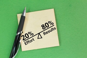 pen and stick with the words results 80% and effort 20%. Pareto low in business, 80% 20%
