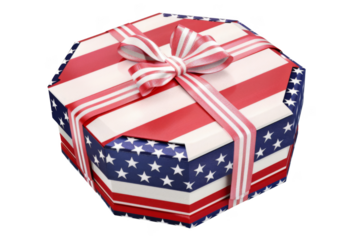 A red, white, and blue box with a bow on top