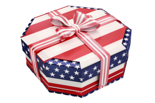 A red, white, and blue box with a bow on top