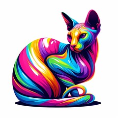 vibrant, stylized illustration of a Sphynx cat with bright, bold colors, including shades of pink blue, green, yellow, orange, and purple