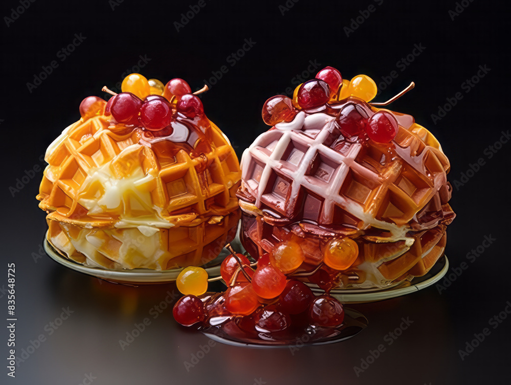 Wall mural generous ce cream on waffle and fruit topping