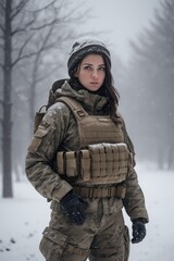 Young female soldier wearing winter camo military gear. girl fighter