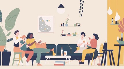 An illustration in 2D flat style featuring a character celebrating with friends and family at a housewarming party. The minimalist design highlights the social aspect and joy of sharing a new home