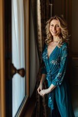 Smiling Woman in Blue Dress by Window. Generative AI.