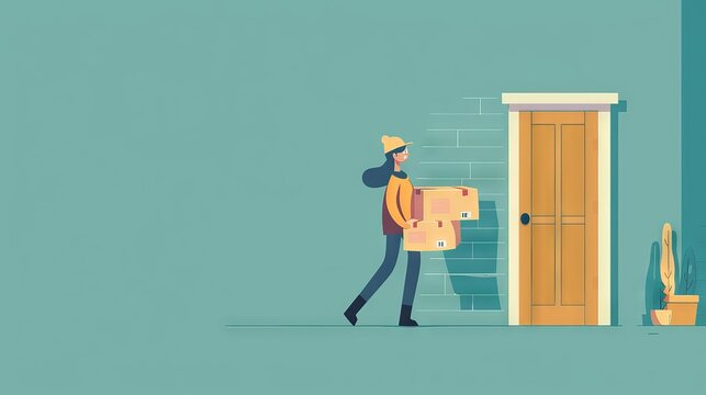 A flat design depiction of a character carrying boxes into a new house on moving day. The minimalist background focuses on the transition and new beginnings involved in moving into a new home.