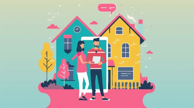 A flat design depiction of a couple looking at home listings on a tablet, planning their house search. The minimalist background focuses on the initial stages of finding and buying a new home.