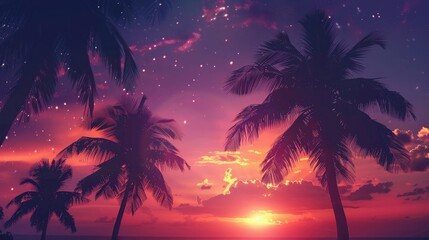 Night landscape with stars, sunset, stars. Silhouette coconut palm trees Vintage tone. Lights of the night city, neon, coast